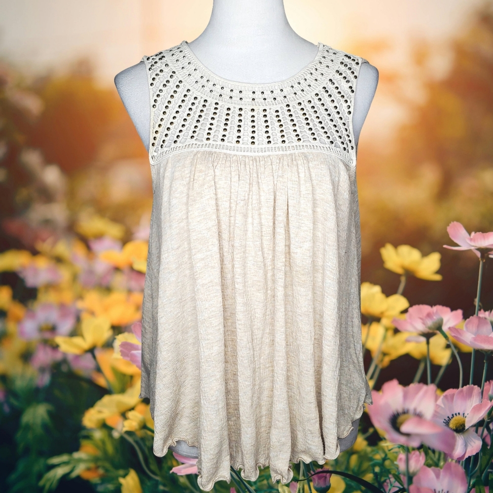 Wild Moss Neutral Flowy Studded Crochet Ruffle Hem Sleeveless Top
